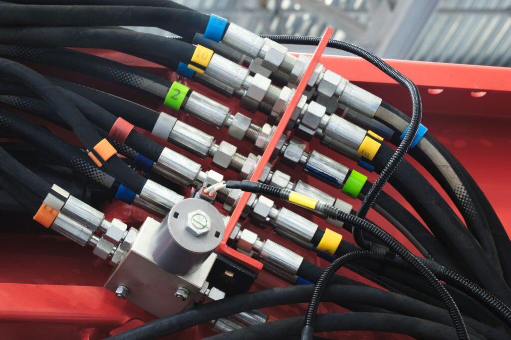 Nahaufnahme einer technischen Kabelverbindung mit farblich markierten Anschlüssen in industrieller Umgebung