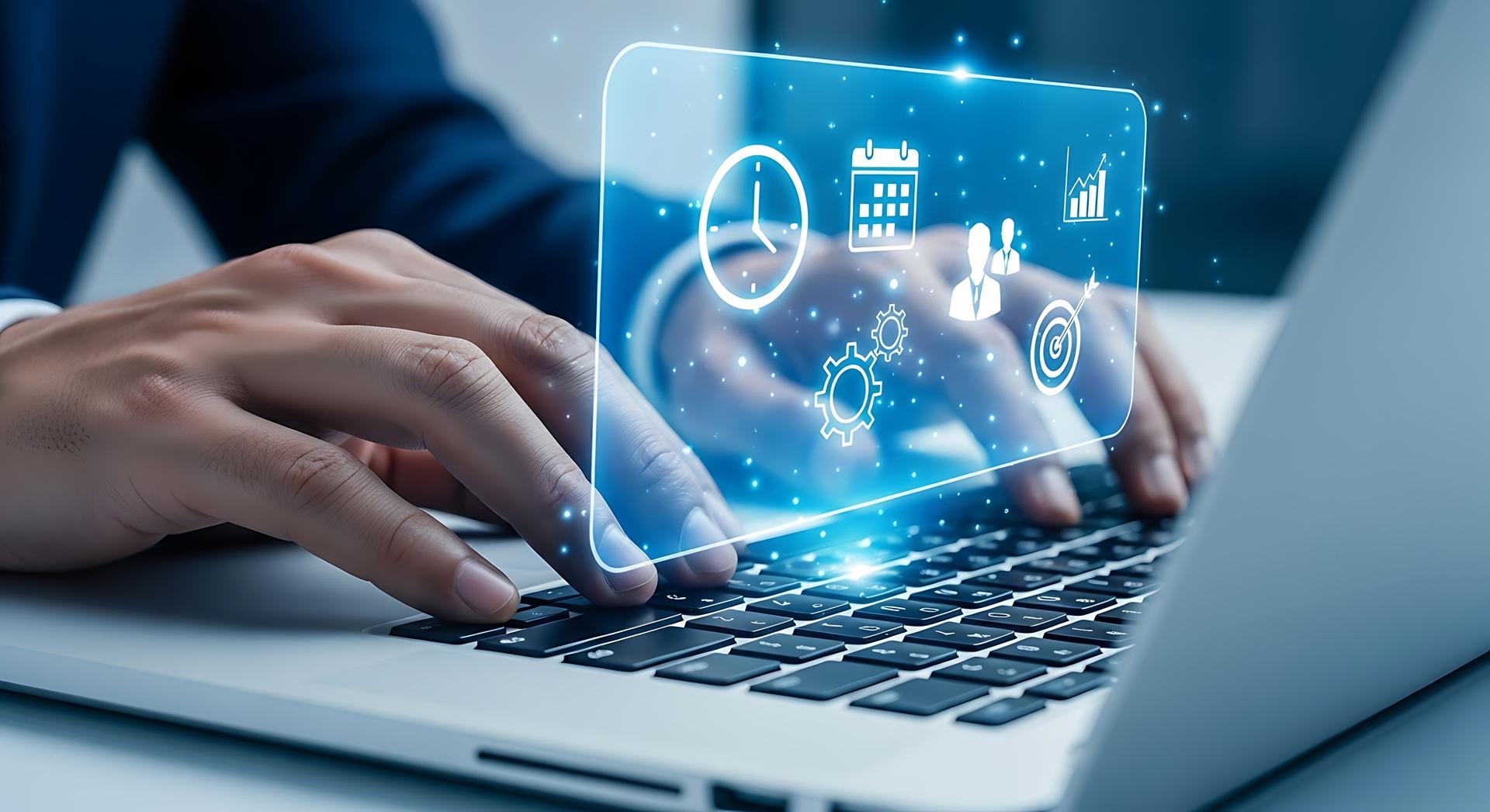 Digitale Zeit- und Prozesssymbole über Tastatur | Lohnbüro