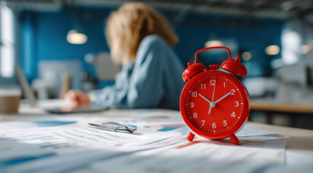 Roter Wecker steht auf Unterlagen im Büro | Lohnbüro