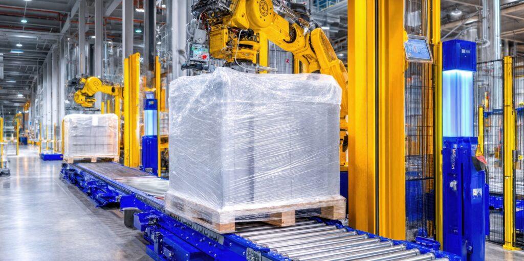 Verpackungsroboter wickelt Palette im Lager | mobiler Palettenwickler